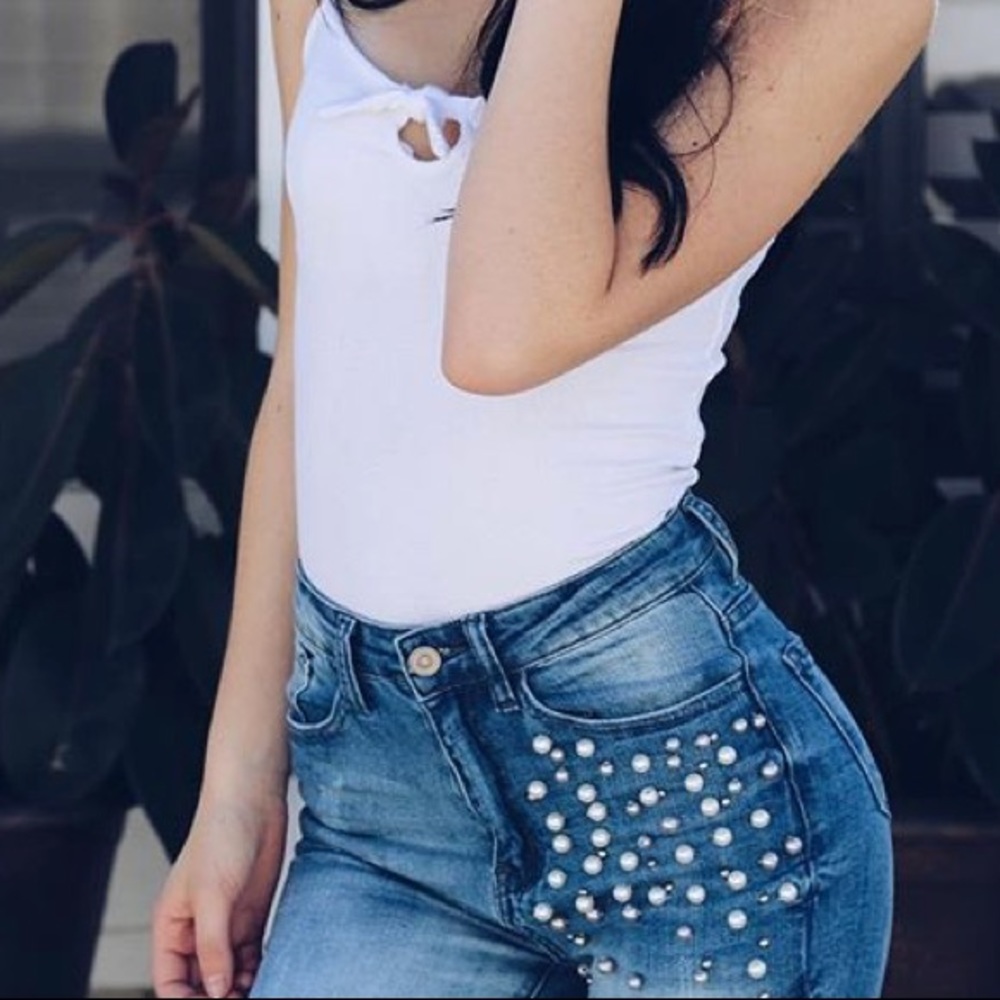 High Waisted Denim Pearl Jeans